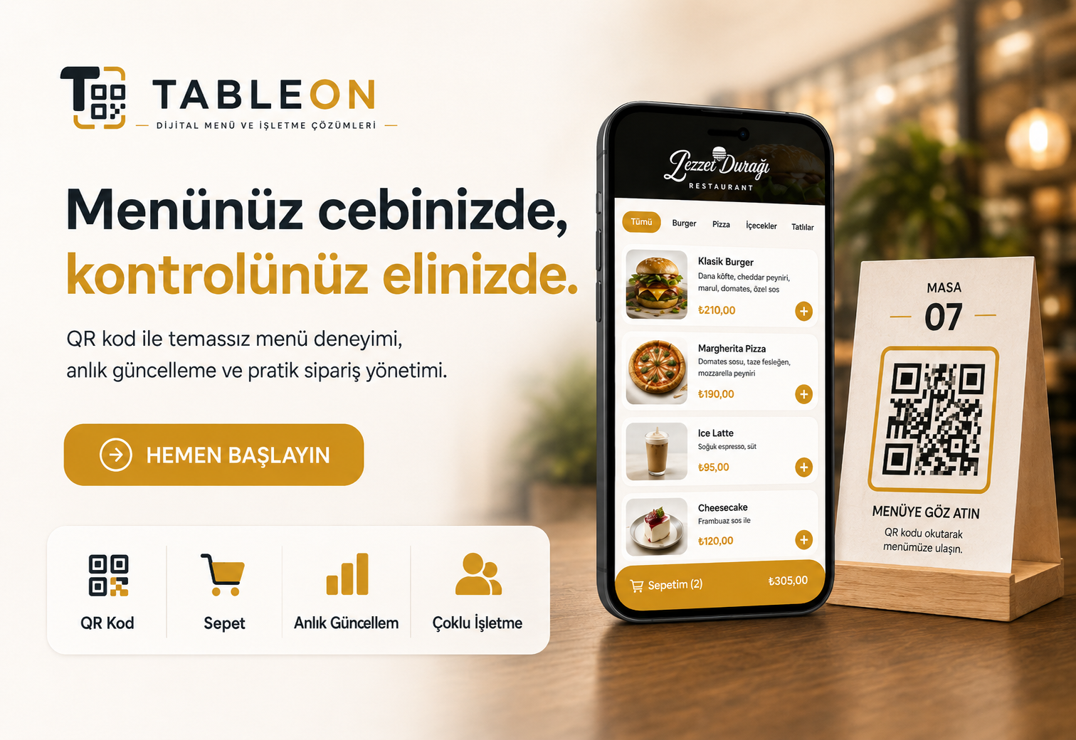 Restoran ve kafeler için QR kodlu dijital menü, masa bazlı sipariş yönetimi ve mobil uyumlu menü düzenleme ekranlarını gösteren Tableon dijital menü platformu arayüzü.