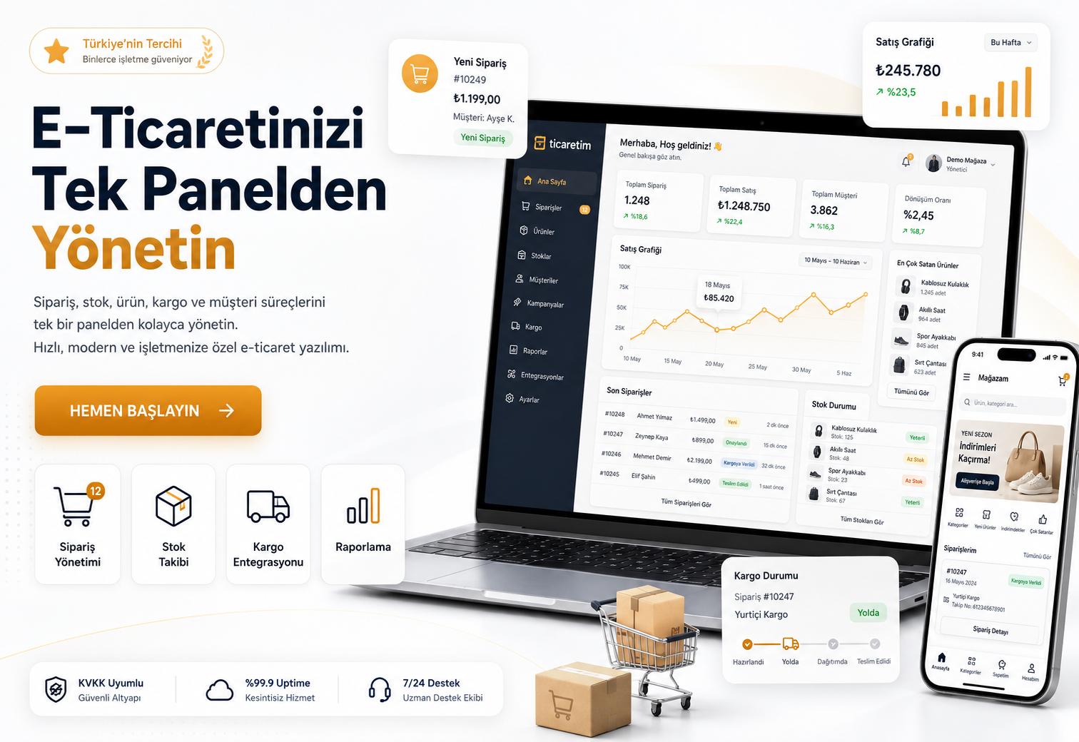 Ürün yönetimi, sipariş takibi, sepet, ödeme, kargo ve müşteri yönetimi ekranlarını gösteren modern e-ticaret yazılımı arayüzü.